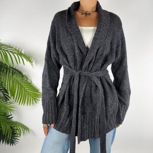 Vintage Y2K Gray Cottagecore Boho Preppy Knit Wool Sweater Belt Cardigan / M